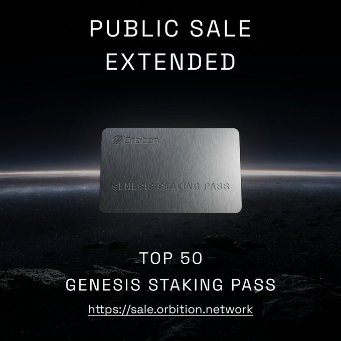 A promotional graphic announcing the extension of the OBN Public Sale, featuring a metallic "Genesis Staking Pass" against a cosmic backdrop, with text highlighting that the top 50 participants by USDC commitment will earn a Genesis Staking Pass for priority access to OBN staking.