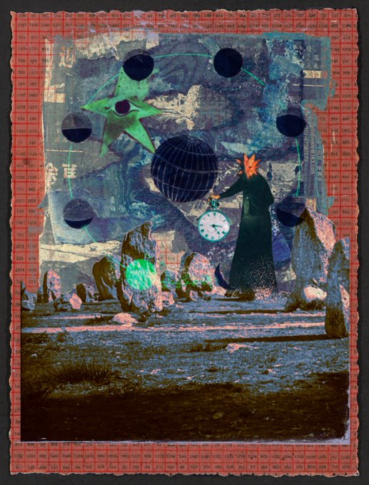 A surreal, textured digital collage featuring a figure in a dark robe holding a stopwatch, set against a backdrop of dark planets, a green star, and rocky terrain framed by a red ticket-pattern border.