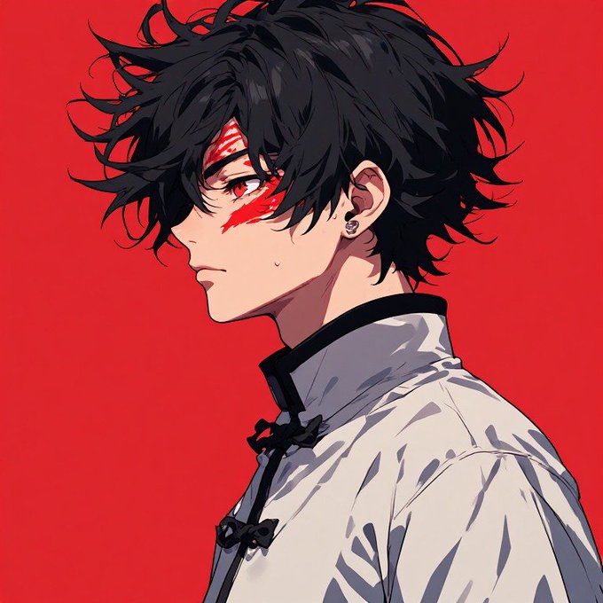 An anime-style profile of a young man with messy black hair and red markings across his face, wearing a gray mandarin-collar shirt against a solid red background.