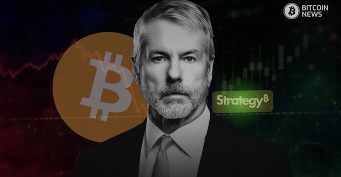 A serious-looking, gray-haired man in a suit stands against a backdrop featuring Bitcoin charts and logos, including a Bitcoin symbol and the "Strategy" corporate logo, with "BITCOIN NEWS" displayed in the top right corner—visually reinforcing the post's announcement of Strategy's profitable 950 BTC purchase.