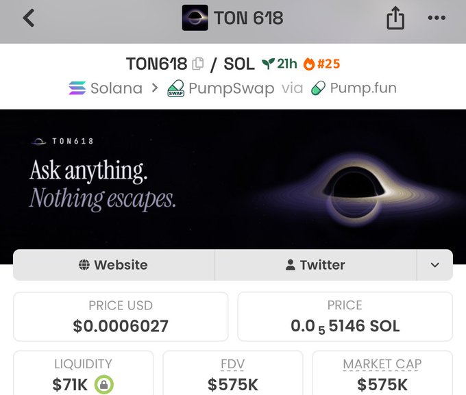 The image shows a cryptocurrency token called TON618 on the Solana network (via PumpSwap/Pump.fun), with a tiny price of $0.0006027 and a market cap of only $575K—practically a micro-cap memecoin. The post's frustrated "Arghhhh" likely reflects dismay at the token's negligible value or the realization that it's just another obscure, low-liquidity memecoin rather than something tied to the real TON 618 black hole.
