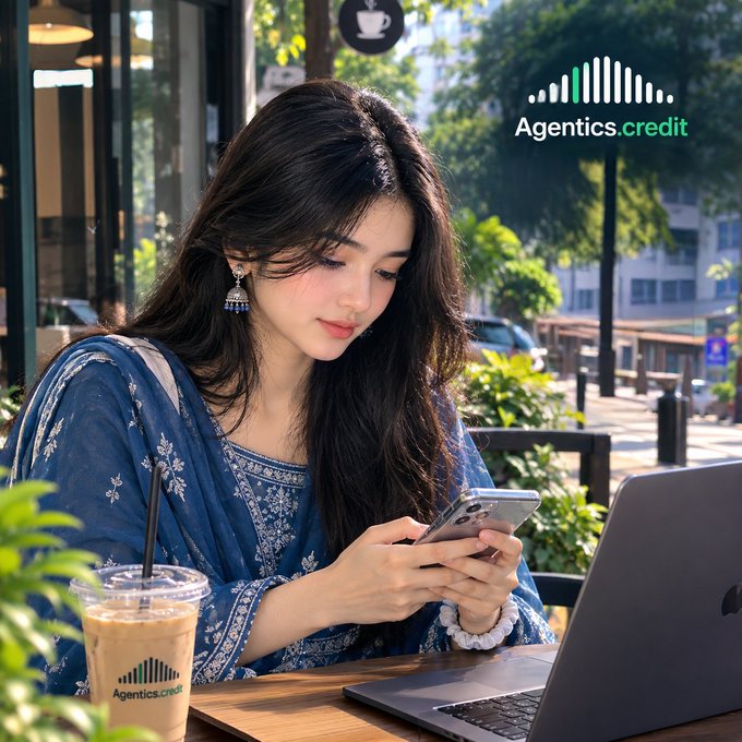 A young woman in a blue embroidered outfit uses a smartphone at a café table with an iced coffee and laptop, branded with the 'Agentics.credit' logo.