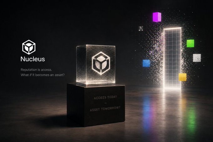 A promotional graphic for "Nucleus" with the tagline "Reputation is access. What if it becomes an asset?" and the text "ACCESS TODAY — ASSET TOMORROW?" on a black pedestal.