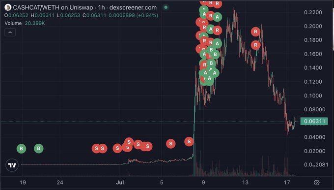 A DexScreener 1h candlestick chart for CASHCAT/WETH on Uniswap, showing a sharp pump to ~$0.22 followed by a decline to $0.06311, marked with clusters of red sell (S) and green buy (B/A/R) order labels.