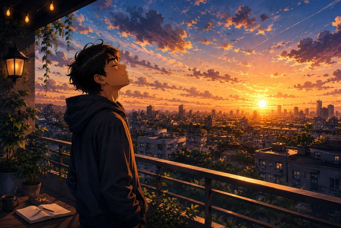 An anime-style illustration of a person in a dark hoodie standing on a balcony, looking up at a vibrant orange and pink sunset over a sprawling city.