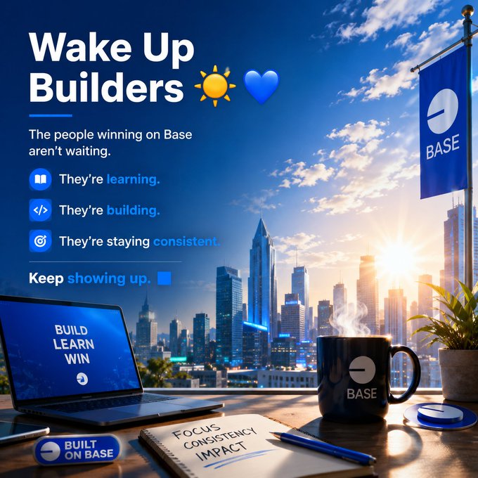 The image features a laptop, notebook, and coffee cup sitting on a table with an inspiring message about waking up and working hard. The text "Wake Up Builders" is written above the laptop, while "Base" is below it. The background shows a city skyline at sunset, which adds to the overall theme of the post.