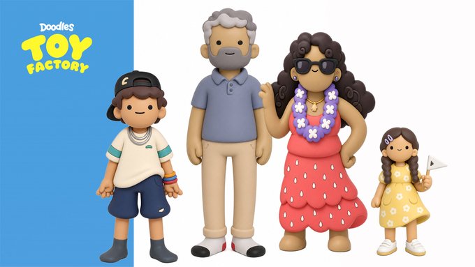 "Doodles Toy Factory" promotional image showing four 3D-rendered cartoon characters—a boy in a cap and sneakers, a gray-bearded man in a polo, a woman with curly hair, sunglasses, and a flower lei in a pink dress, and a small girl in a yellow floral dress holding a paper airplane—displayed alongside the yellow "Doodles Toy Factory" logo on a blue background, illustrating the brand's expansion of its IP into tangible toy collectibles, which aligns with the post's bullish sentiment on bringing Web3 IP to life in meaningful, real-world forms.