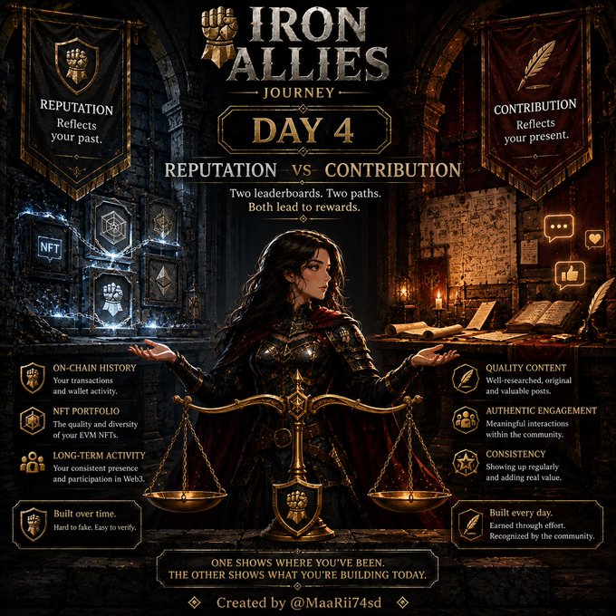 Promotional poster for 'IRON ALLIES JOURNEY DAY 4: REPUTATION vs CONTRIBUTION' featuring a warrior woman holding scales, contrasting 'Reputation Reflects your past' (On-Chain History, NFT Portfolio, Long-Term Activity) with 'Contribution Reflects your present' (Quality Content, Authentic Engagement, Consistency), credited to @MaaRii74sd.