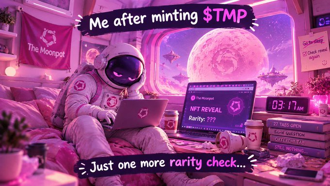A humorous, pink-tinted digital illustration of an astronaut at a laptop on a bed with a moon view, captioned 'Me after minting $TMP' and 'Just one more rarity check...', showing tabs like '27 TABS OPEN' and 'STILL NOTHING'.