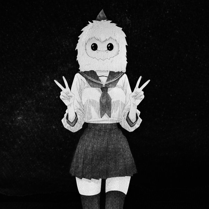 A black and white illustration of a cute character wearing a fuzzy monster hood and a school uniform, holding up peace signs with both hands.