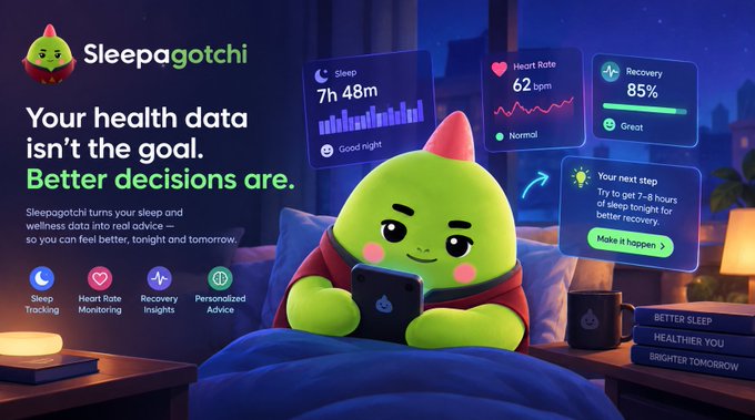 An advertisement for 'Sleepagotchi' showing a green mascot character in bed, with health metrics including Sleep (7h 48m), Heart Rate (62 bpm), and Recovery (85%).