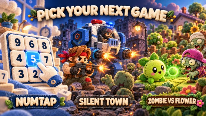 A colorful game selection screen titled 'PICK YOUR NEXT GAME' featuring three options: NUMTAP (number puzzle), SILENT TOWN (shooting game with soldier), and ZOMBIE VS FLOWER.