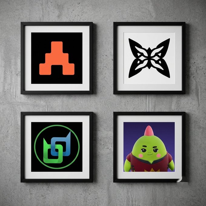 Four framed artworks hang on a concrete wall: a red 'A' Archon logo, a black symmetric emblem, a green and blue link logo, and a green character with a pink mohawk.