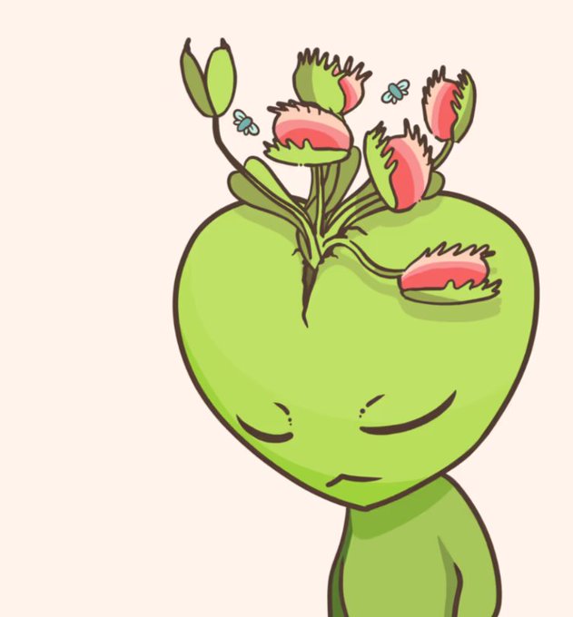 A cartoon illustration of a sad green plant-like character with a round head featuring pink flowers and small blue butterflies growing from the top.