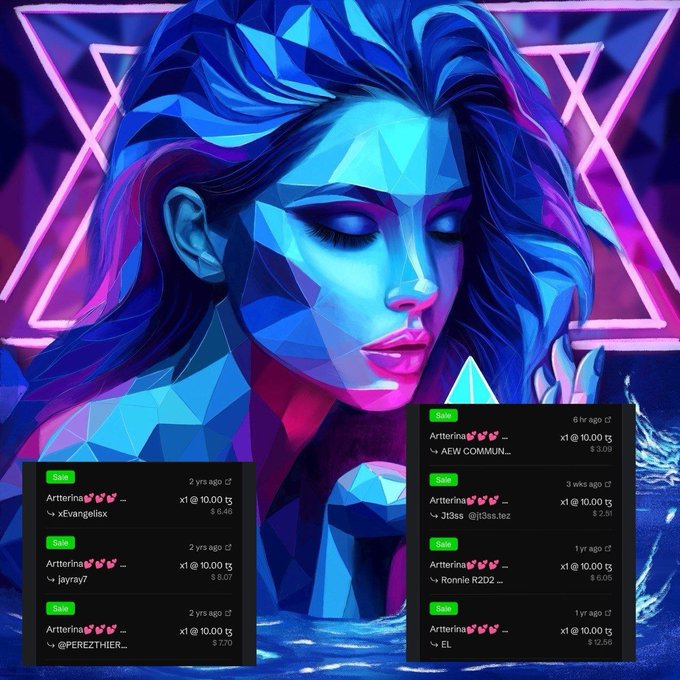 A vibrant blue and purple digital artwork of a woman with closed eyes is displayed behind several dark green 'Sale' panels showing 'Artterina' listings for 'x1 @ 10.00' from various buyers.