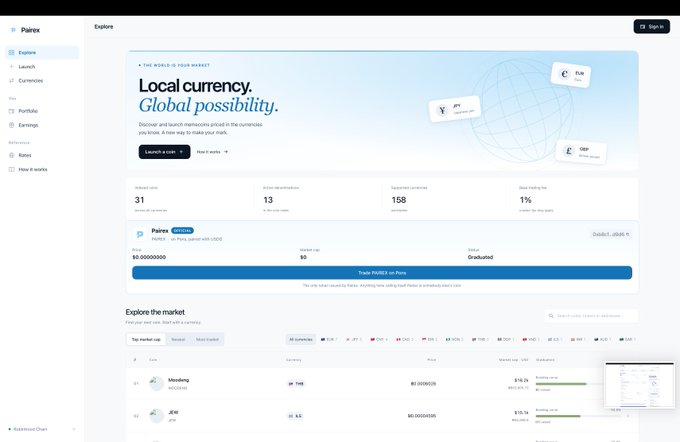 Screenshot of the Parex currency exchange platform showing the Explore page with Pairex token details (market rank 31, price $0.00000600) and an interest to earn option at 1%.