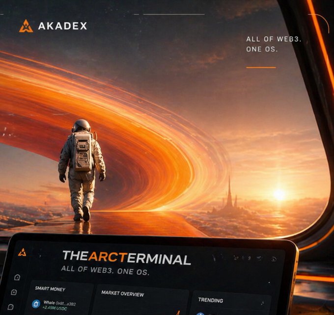 A promotional graphic for "AKADEX - THE ARC TERMINAL" featuring an astronaut walking toward a vibrant cosmic swirl, with the tagline "ALL OF WEB3. ONE OS."