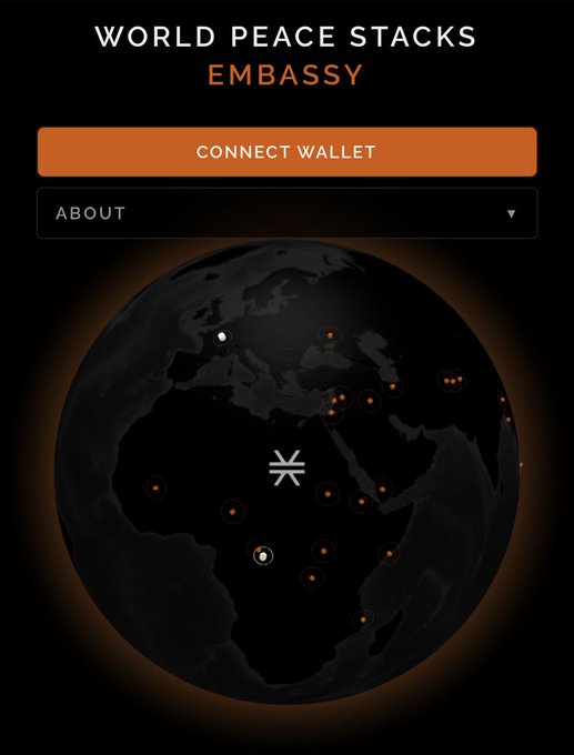 A mobile app screen for "WORLD PEACE STACKS EMBASSY" featuring an orange "CONNECT WALLET" button and a stylized globe with glowing connection points.