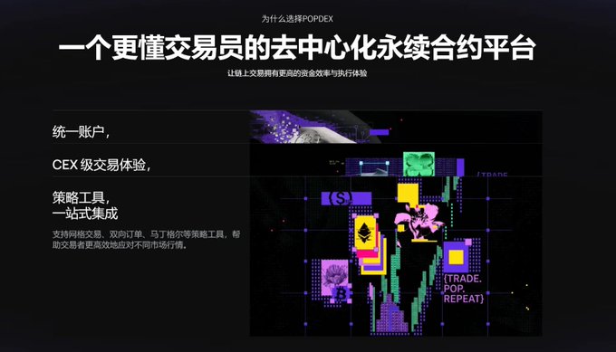 A Chinese promotional graphic for POPDEX, a decentralized perpetual contract platform, featuring the text '一个更懂交易员的去中心化永续合约平台' and '为什么选择POPDEX' alongside a colorful stylized trading chart.