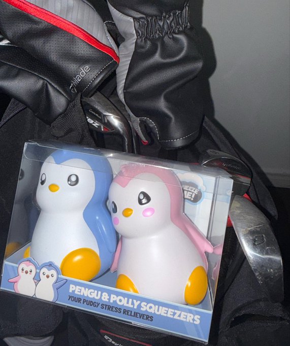 A boxed set of two rubber squeeze toys labeled 'PENGU & POLLY SQUEEZERS' sits on a black bag, featuring a blue penguin and a pink penguin with the tagline 'YOUR PUDGY STRESS RELIEVERS.'