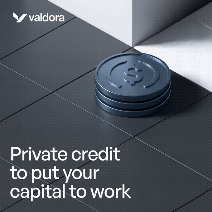 Valdora advertisement showing a stack of dark metallic coins with a dollar sign embossed on top, alongside the text "Private credit to put your capital to work."