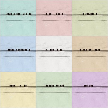 A grid of nine panels shows the same row of small birds perched on a power line, with each panel rendered in a different pastel color.