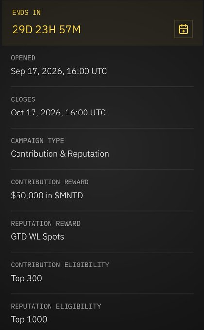 Dark-themed digital interface showing campaign details including a countdown (29D 23H 57M), opening/closing dates in Sep-Oct 2026, a $50,000 MNTD contribution reward, and GTD WL Spots as reputation reward.