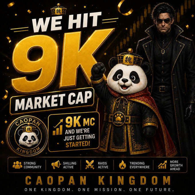 A promotional graphic celebrating '9K MARKET CAP' for 'CAOPAN KINGDOM,' featuring a crowned panda mascot in royal robes alongside a man in a black leather coat, with text reading 'ONE KINGDOM. ONE MISSION. ONE FUTURE.'