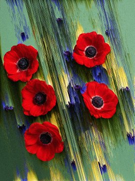Five red poppies with dark centers are arranged against a painted background of green and blue vertical brushstrokes.
