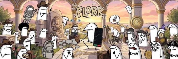 A wide banner illustration shows a bustling scene of cartoon ghost-like characters in various costumes (cowboy, astronaut, pirate, wizard) set against a sunset backdrop with classical columns and monuments, centered around the text "FLORK" with one character holding a phone displaying a rising chart and another with a rocket ship in a thought bubble. The image visually represents the $FLORK memecoin hype described in the post, with the rocket symbolizing the "insane" all-time high breakout to a 2M market cap that the author has been riding since early on.