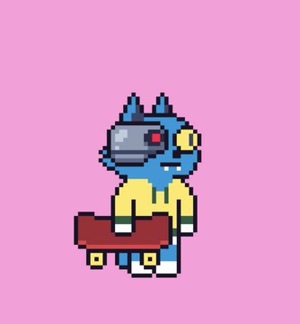 A pixel art character with a robotic/cybernetic head, blue ears, and a yellow body rides a red skateboard against a pink background. The image relates to the post as a creative, nostalgic avatar that the author hopes will serve as a memorable visual cue to reconnect with old NFT acquaintances from years past.