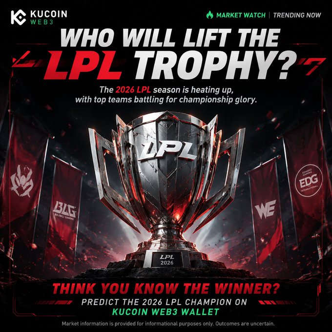 A KuCoin Web3 promotional graphic features the "LPL 2026" championship trophy against a dark, dramatic background with team banners (including BLG, EDG, and WE), posing the headline question "WHO WILL LIFT THE LPL TROPHY?" to encourage users to predict the winner on the KuCoin Web3 Wallet. The design directly aligns with the post's call to action about the heating-up 2026 LPL season.