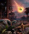 The image shows a scene of a forest with trees and rocks, where a meteorite has crashed into the ground. The meteorite appears to be glowing orange as it burns up upon impact. In the background, there are two people standing near the meteorite, possibly observing its effects on the surrounding area or discussing its origin.