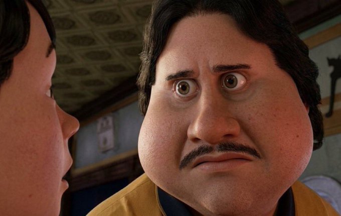 The image depicts a man with a mustache, which is described as large or comical-looking, with exaggerated facial features that give him an anthropomorphic appearance. The man appears to be talking to another character while wearing a yellow shirt. In the surrounding environment, there are elements such as a bowl and some furniture including chairs. 

The caption at the bottom of the image connects this amusing depiction of a man's face to the stock market, where it is suggested that Micheal Saylor sold $2.5 million worth of shares in 2014, followed by 48 hours later his company' assets dropping to under $8 billion. This unusual scenario could be interpreted as an attempt at humor or a satirical commentary on the current state of the stock market, using the comical facial features of the man and his counterpart's conversation style.