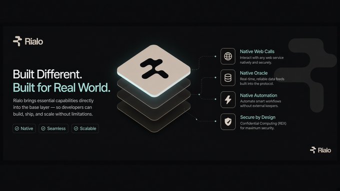 A dark-themed marketing graphic for 'Rialo' with the tagline 'Built Different. Built for Real World.' highlighting features like 'Native Web Calls', 'Native Oracle', 'Native Automation', and 'Secure by Design'.