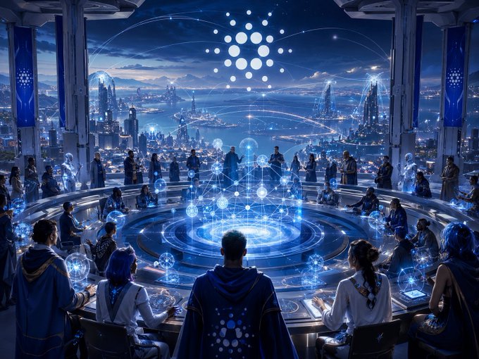A futuristic sci-fi illustration showing a group of people gathered around a glowing circular table with a network visualization, overlooking a high-tech city at night, with a white dotted logo overlaid at the top.