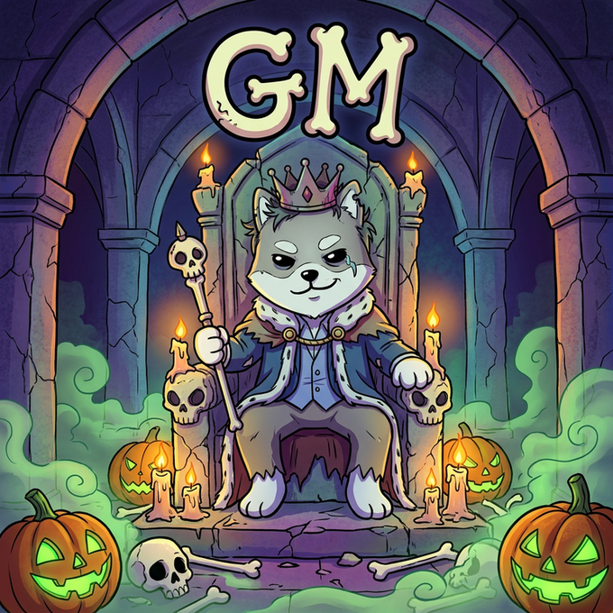 Illustration of a crown-wearing cartoon dog king sitting on a throne with 'GM' text above, surrounded by Halloween-themed items like jack-o'-lanterns, candles, and skulls.