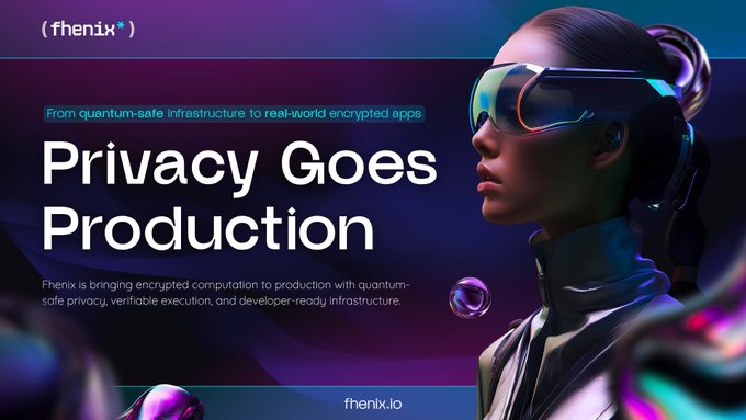 The image features an advertisement with a woman wearing futuristic glasses standing against a purple background, looking at the camera. The text "Privacy Goes Production" is displayed above her head, indicating that privacy concerns are being addressed by the company behind this product or service.