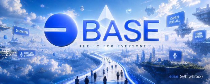 Promotional graphic for Base blockchain with text 'THE L2 FOR EVERYONE' and features 'LOW FEES', 'BUILT ON ETHEREUM', 'OPEN FOR ALL', and 'HIGH SPEED', credited to elise@hiwhitex.