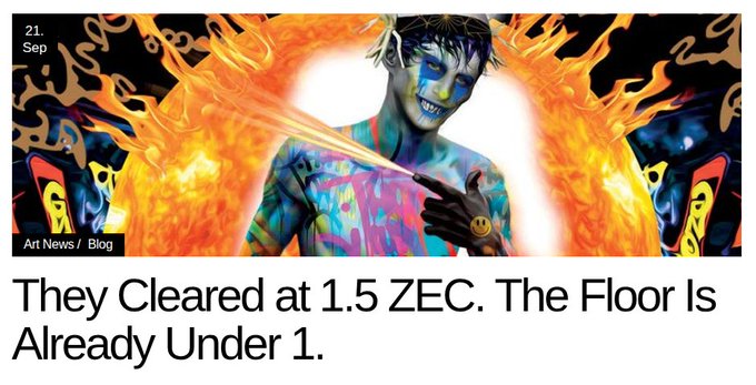 A news headline dated September 21 reads 'They Cleared at 1.5 ZEC. The Floor Is Already Under 1.' alongside an AI-generated artwork of a blue-faced figure surrounded by flames.