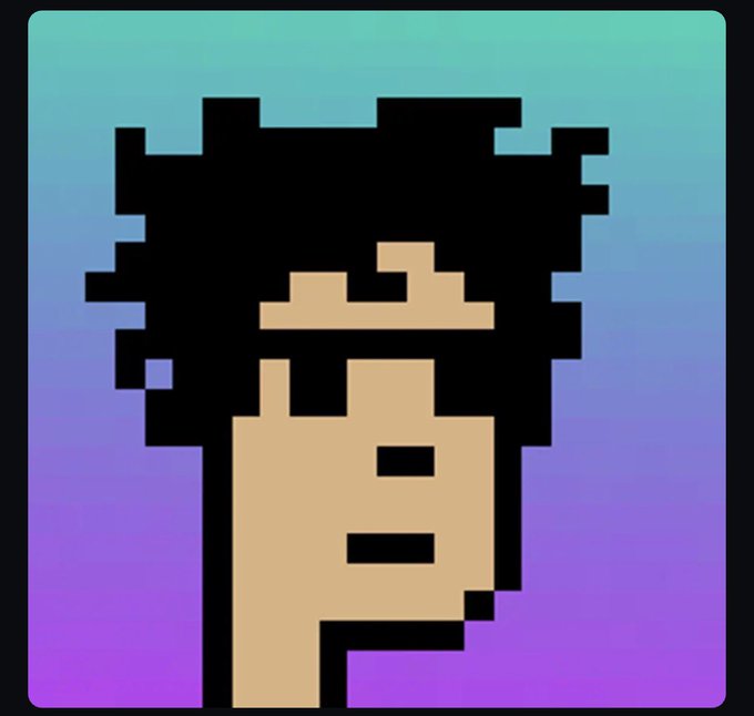 Pixel art illustration of a person with an afro hairstyle against a blue and purple gradient background.