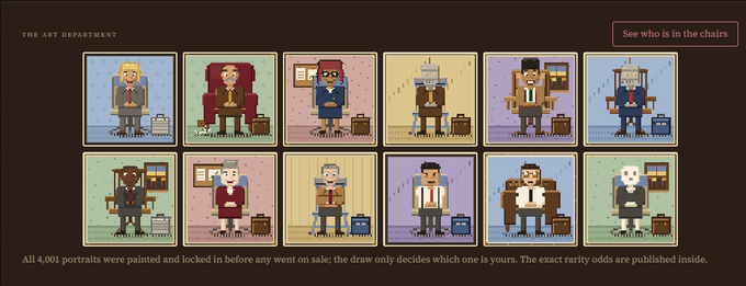 A webpage from 'The Art Department' displaying a 2x6 grid of pixel-art character portraits, with text explaining that all 4,001 portraits were painted and locked in before any went on sale, and the draw decides rarity.