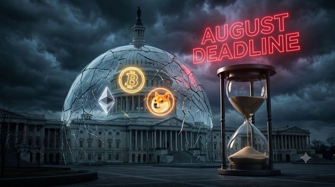 A dramatic illustration of the U.S. Capitol building under a cracked glass dome featuring Bitcoin, Ethereum, and Dogecoin logos, with an hourglass and neon 'AUGUST DEADLINE' text.