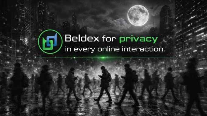 A promotional image for 'Beldex for privacy in every online interaction' featuring a dark cityscape silhouette under a full moon with people walking in the foreground.