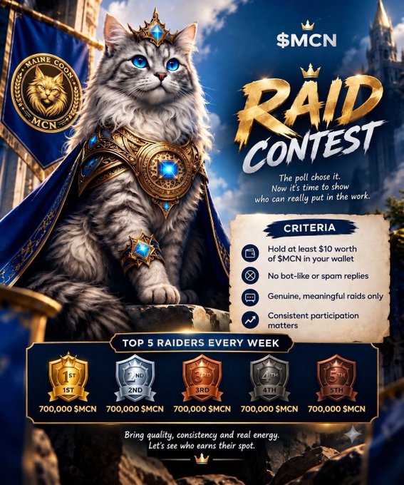 $MCN Raid Contest poster featuring a regal cat in royal armor with a crown, listing criteria (hold $10 of $MCN, no bot-like replies, genuine raids, consistent participation) and weekly prizes of 700,000 $MCN for top 5 raiders.