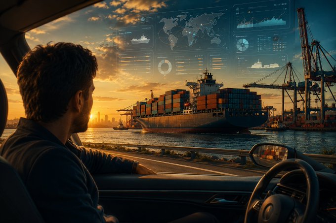 A man sits in a car at sunset, gazing at a futuristic holographic dashboard displaying maps and analytics overlaid on a busy port with a large container ship and cranes.
