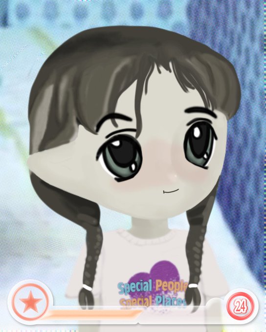 A chibi-style animated character with braided hair wears a white shirt reading 'Special People Special Place' with a '24' icon visible.
