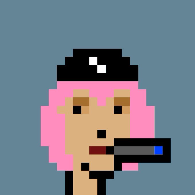 A low-resolution pixel art depiction of a person with pink hair and a black beanie, holding what looks like a microphone, rendered against a solid gray background.