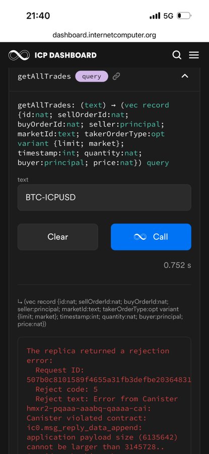 A screenshot of the ICP Dashboard showing a failed `getAllTrades` query on the BTC-ICPUSD market, which returned a "rejection error" with reject code 5 due to the application payload size (6,135,642 bytes) exceeding the 3,145,728-byte limit—illustrating the kind of real-world technical bug the author is documenting about the DFINITY DEX.
