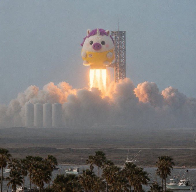 A large inflatable unicorn balloon designed to look like a rocket is launched from a launch pad, with massive flames and smoke billowing out below it.